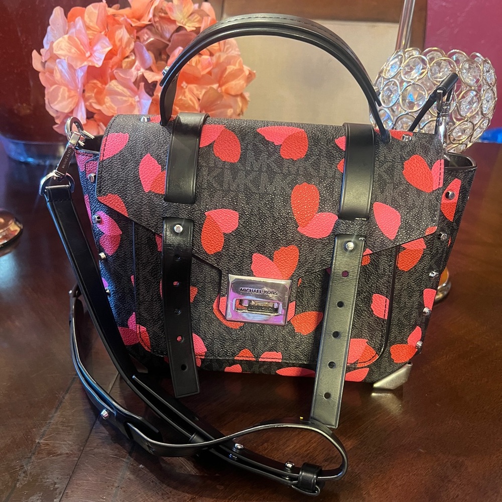 Michael Kors Manhattan Medium Black Leather Red Petal Logo Satchel Bag